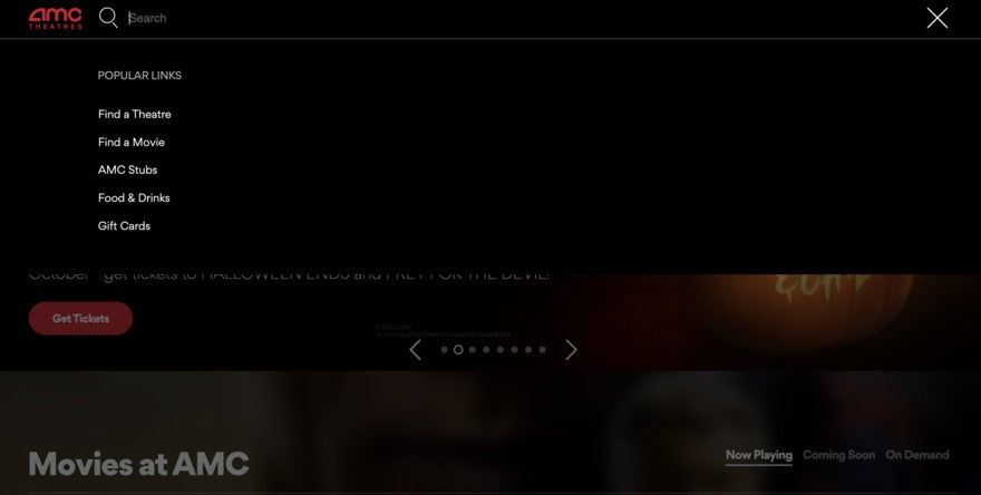Search bar on AMC Theatres website