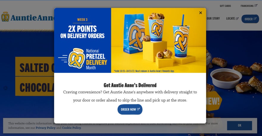 Auntie Anne pop-up for delivery on orders