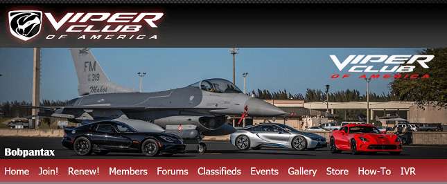 Viper Club of America website home page, with image of sports cars and jet planes