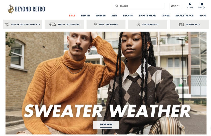 Homepage of apparel brand Beyond Retro