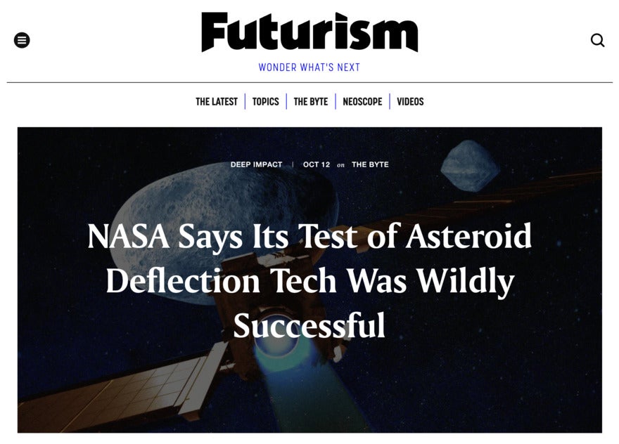 Futurism homepage featuring its latest article