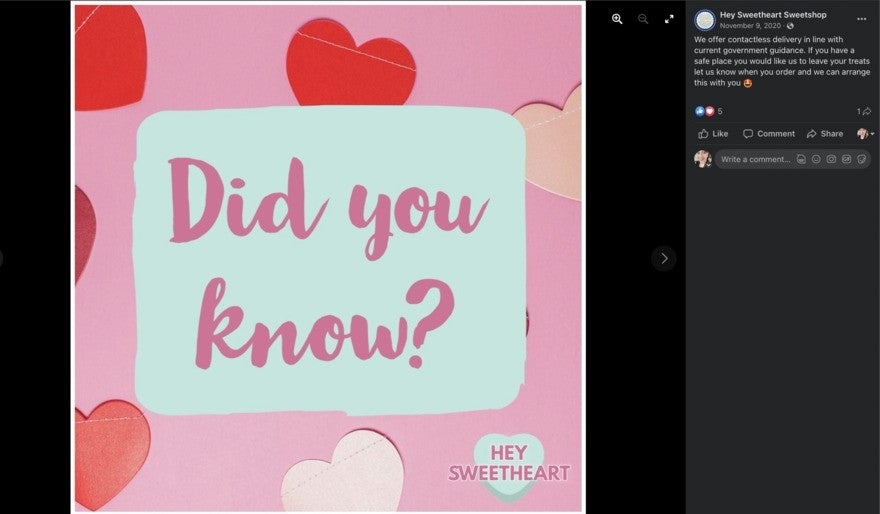 Instagram post from Hey Sweetheart Sweetshop detailing contactless delivery as an option