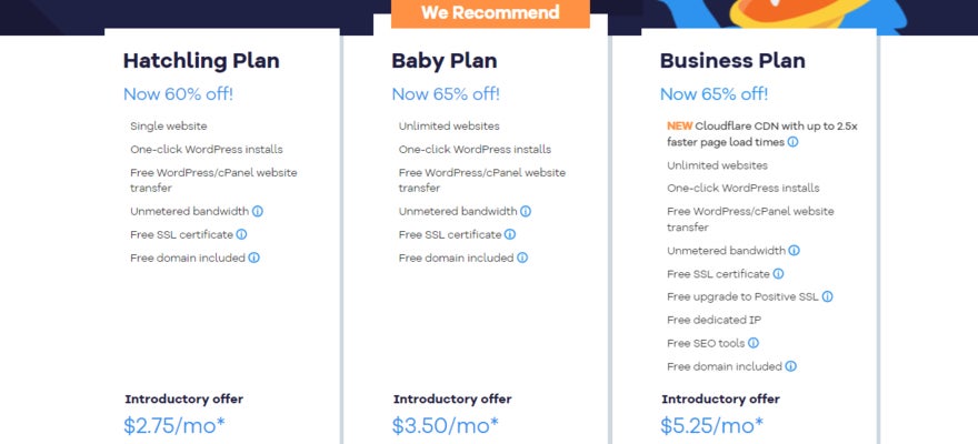 HostGator's three shared shared hosting plans with small summaries and prices