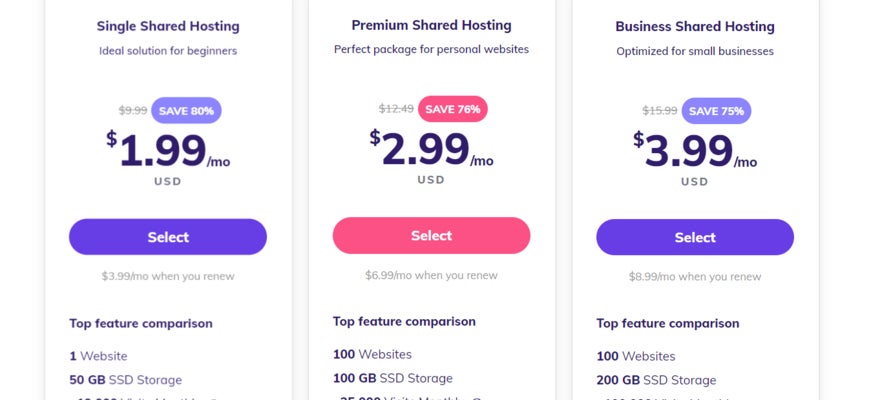 Hostinger's three shared plans with prices and purple and pink buttons
