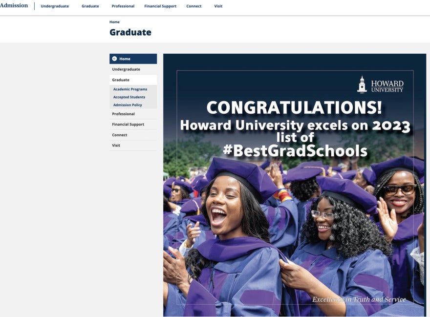 Howard University homepage, congratulating its recent graduates