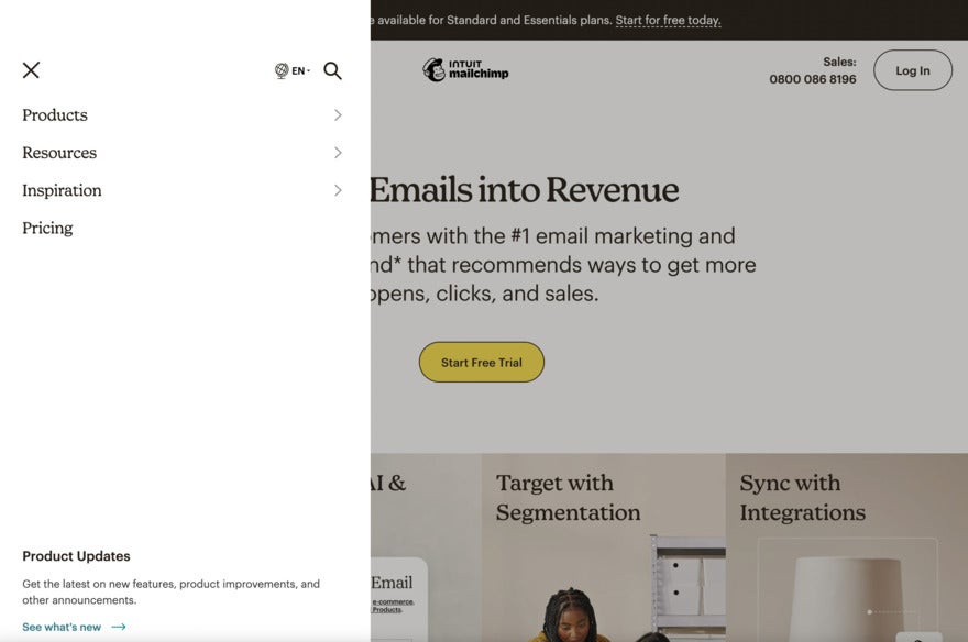 A screenshot from the MailChimp website that features a drop-down easy-to-navigate menu on the list