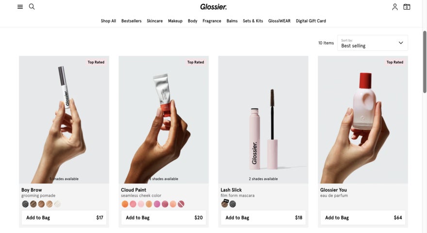 Glossier product page featuring four images