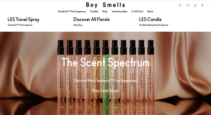 Boy Smells website homepage featuring a large product image and title: "The Scent Spectrum"