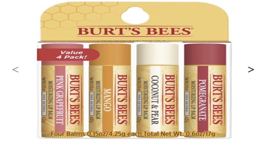 Pack of four Burt's Bees lip balm in its branded packaging