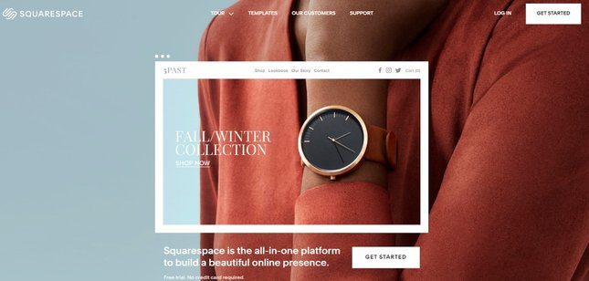squarespace homepage with window around a model's wrist in red jumper with fashionable watch