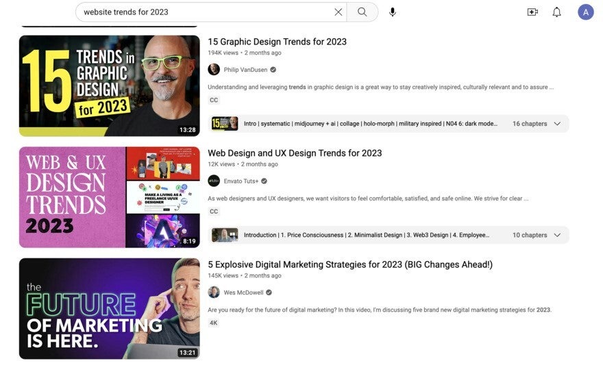 YouTube results for website trends