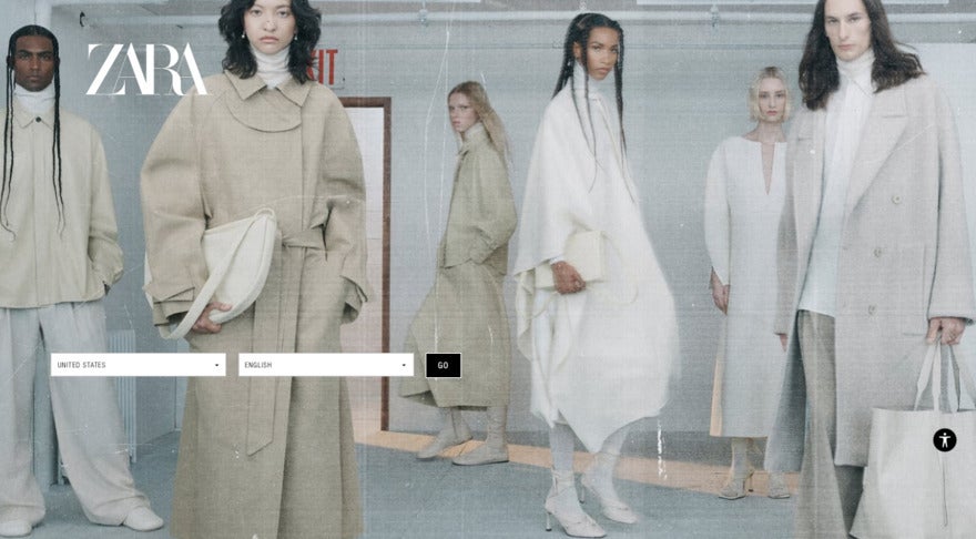 Zara page with women and men wearing beige winter jackets