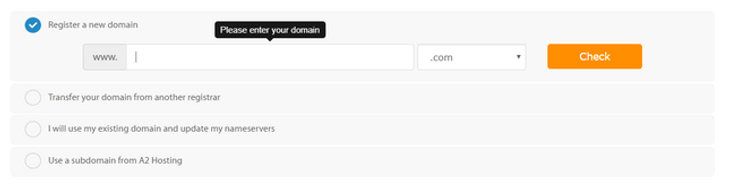 a2 hosting domain checker with search function and tickboxes to select options