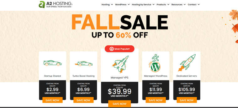 Fall sale prices for six of A2 Hosting's hosting plans