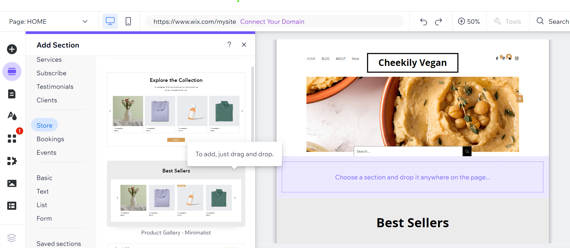 Adding a store to a Wix demo website using the Wix editor