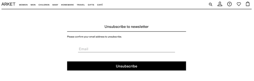 an Arket form to unsubsribe from their newsletter with black button