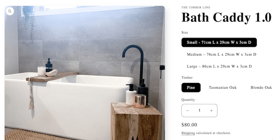Wooden bath tray product page, featuring an image of it in situation (over a bath) and product information
