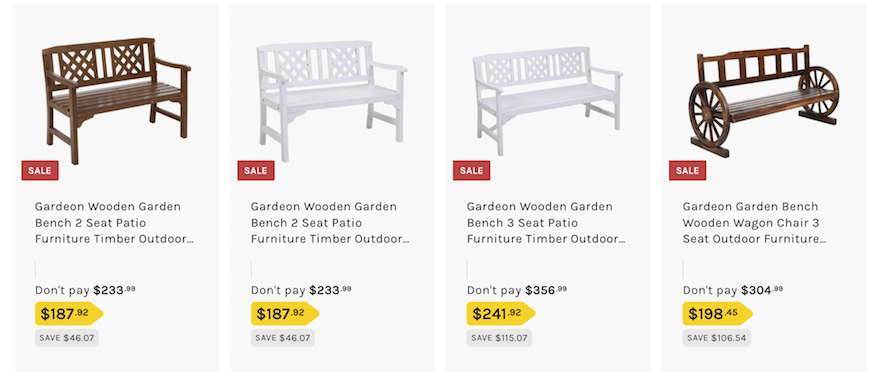 Four product photos of wooden benches for sale