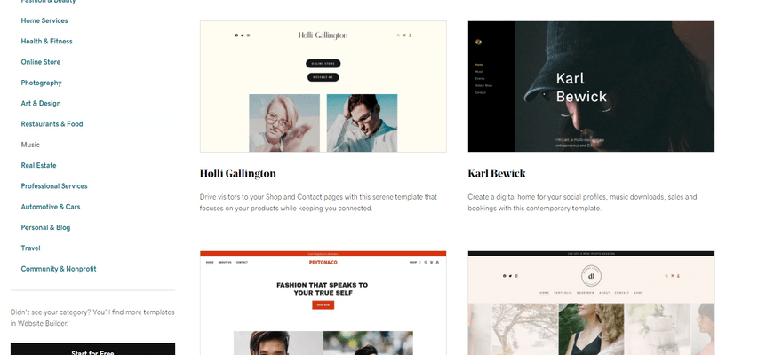 Selection of four GoDaddy website builder templates