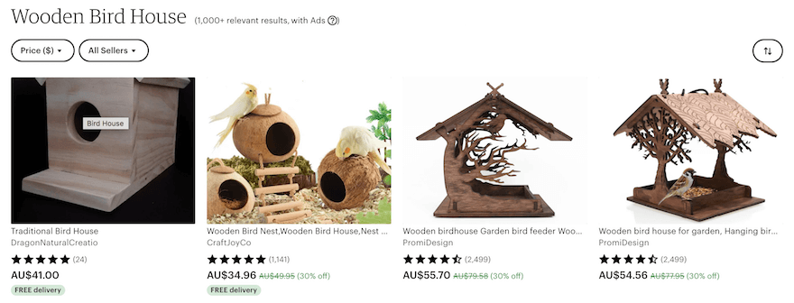 4 images of wooden birdhouses for sale
