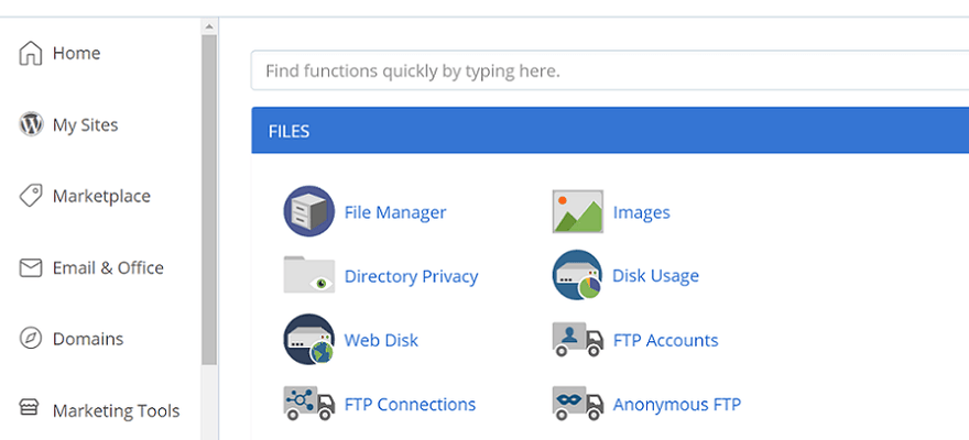 bluehost cpanel menu with small infographics to denote category
