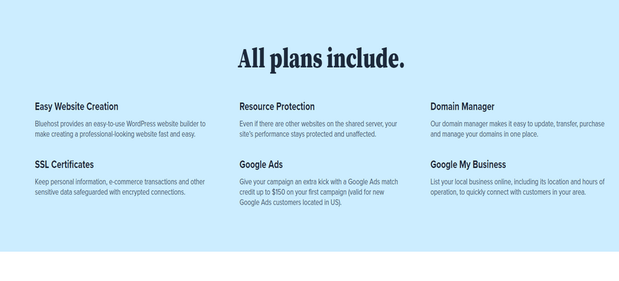 List of features including on all Bluehost hosting plans