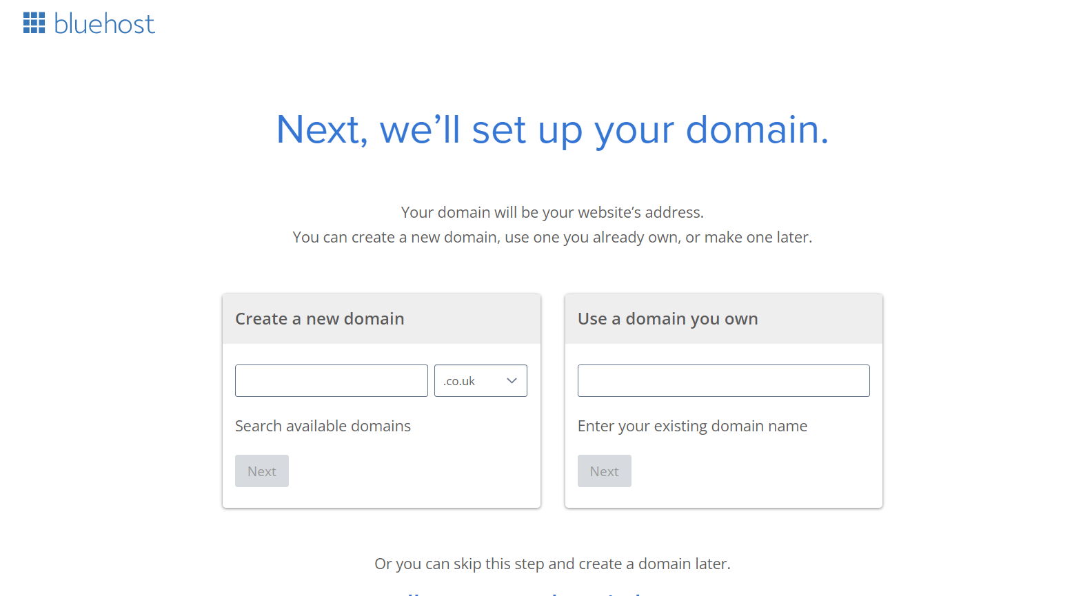 Bluehost registriere einen Domain-Namen