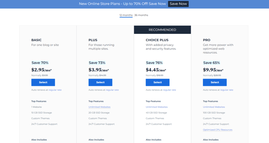 Bluehost four rectangles with different plans and pricing