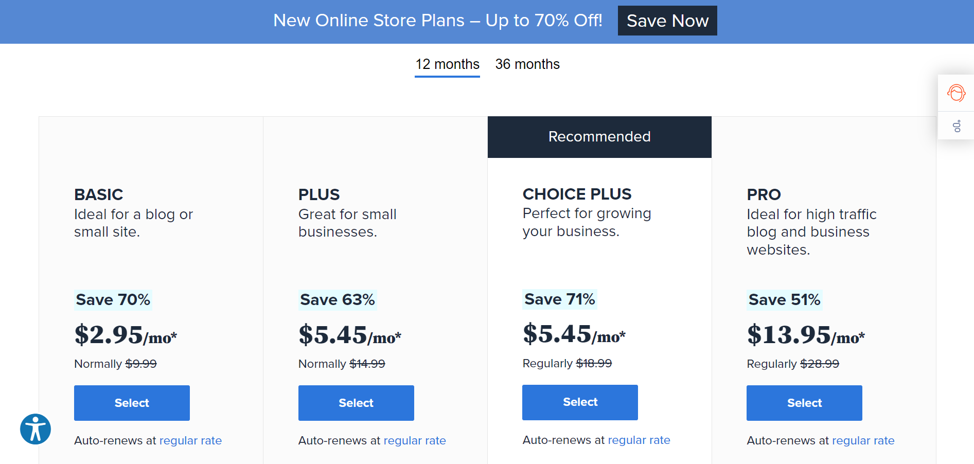 12-month pricing for Bluehost's WordPress shared hosting plans