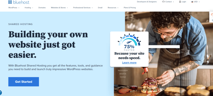 Bluehost shared hosting overview page in baby blue with image of a dial at 75% and a man making an artisanal burger