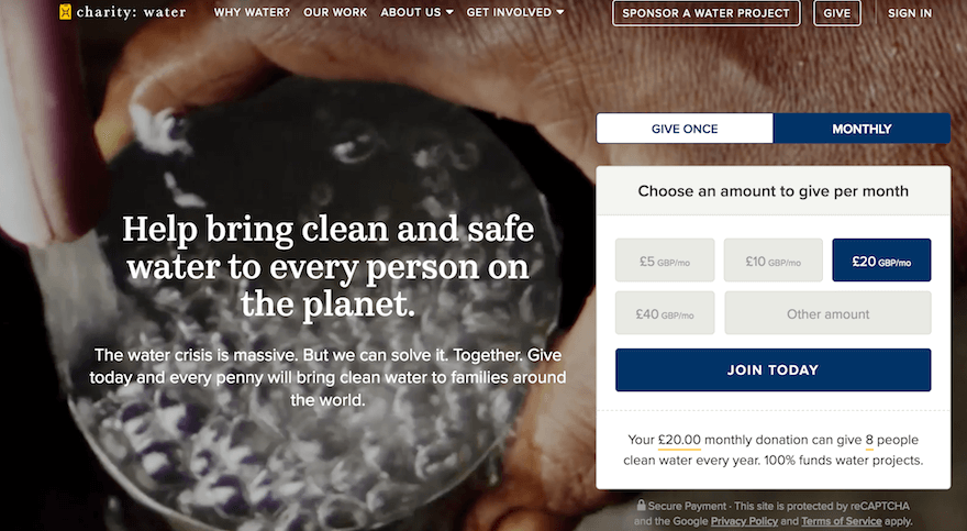 charity water nonprofit website example screenshot 2