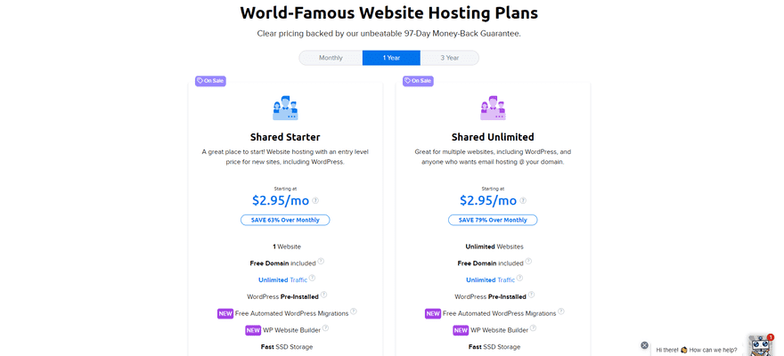Pricing for DreamHost's 2 shared hosting plans