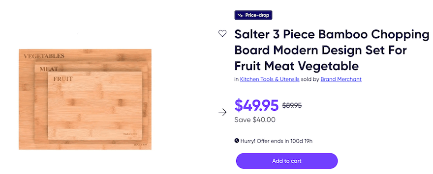 Product page for wooden chopping board, featuring price and button to purchase