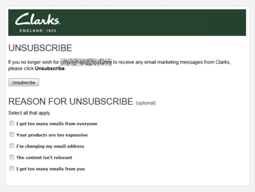 Email example from Clarks, with optional reasoning tick boxes