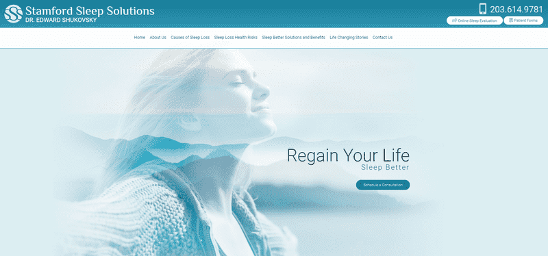 Stamford Sleep Solutions homepage, inviting visitors to schedule a consultation