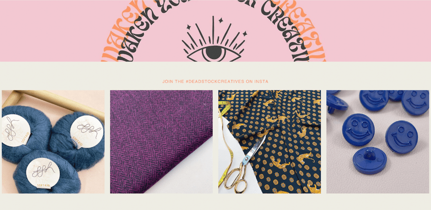 Deadstock fabrics website featuring Instagram feed of fabrics and blue smiley buttons