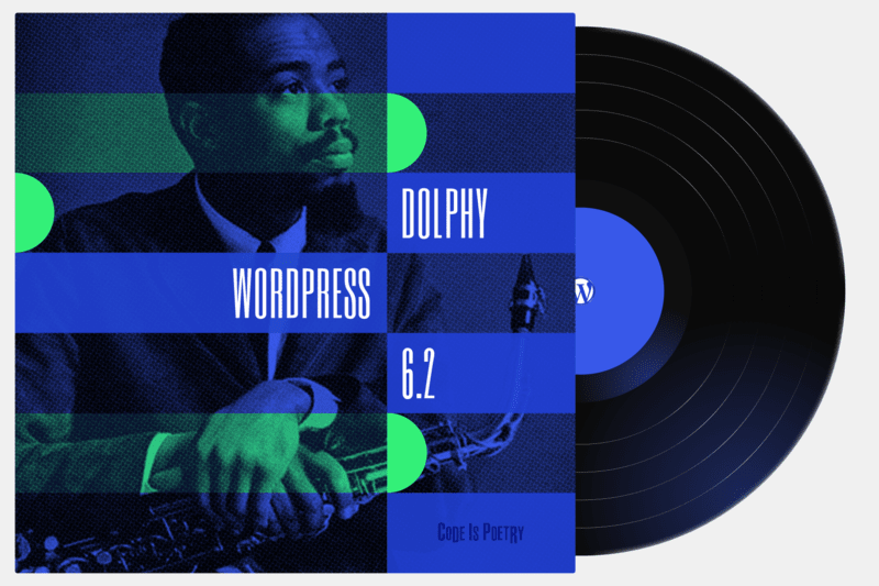 blue graphic of Dolphy Jr on a vinyl cover with the vinyl sticking out