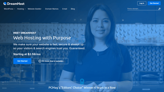dreamhost homepage giving summary of hosting plan with cafe worker woman photo overlaid with blue