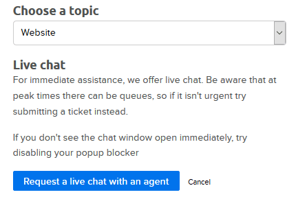 dreamhost live chat with pulldown bar and blue CTA to start a chat with an agent