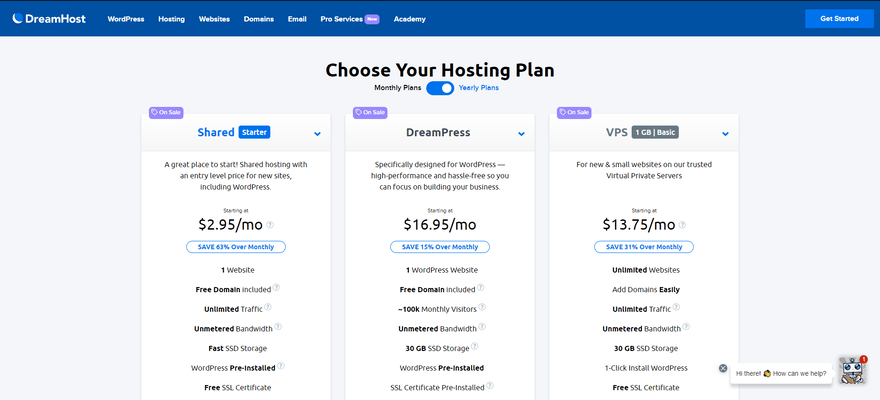 Selection of DreamHost hosting plans and 12-month pricing, including shared and VPS hosting options