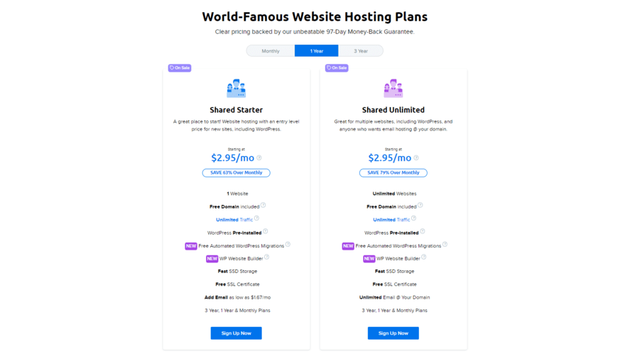 Pricing and key features for DreamHost's 2 shared hosting plans