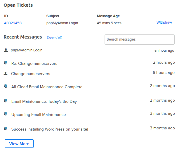 dreamhost ticket support showing a lit of tickets plus their time code