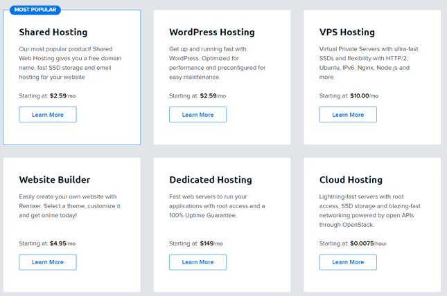 DreamHost grid of different types of hosting available with blue outlined CTAs