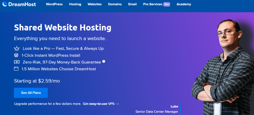 DreamHost shared hosting overview page with summary and man with crossed arms on purple gradient background