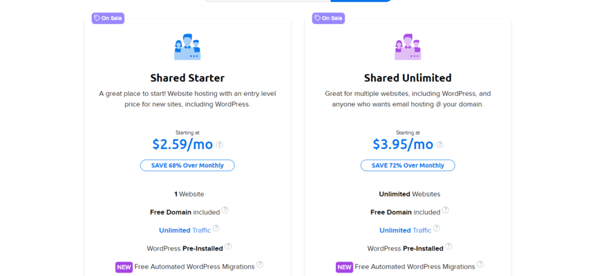 DreamHost's two shared hosting plans with small feature summaries and prices