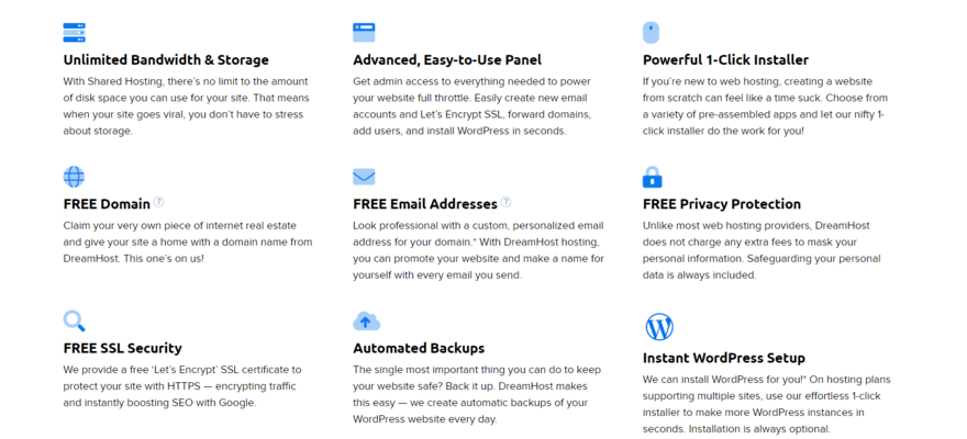 page of dreamhost's shared hosting features with small blue icons above each one