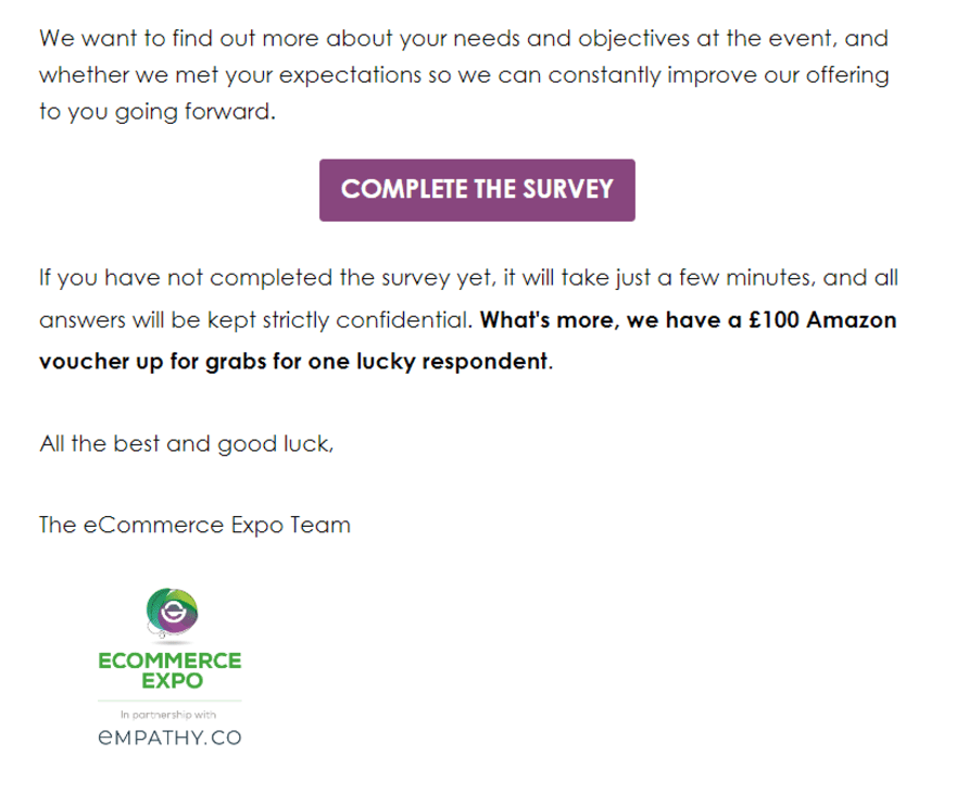 Email featuring a button requesting feedback via a survey