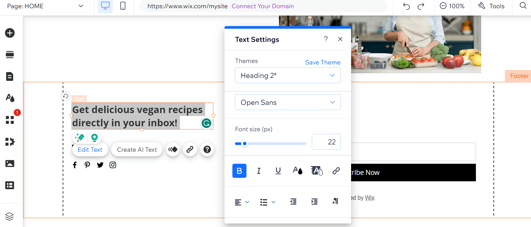 Editing a text block on a Wix demo website