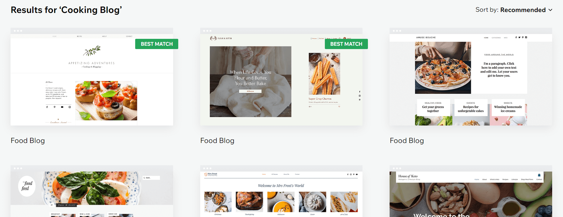 A selection of Wix templates' options for a cooking blog