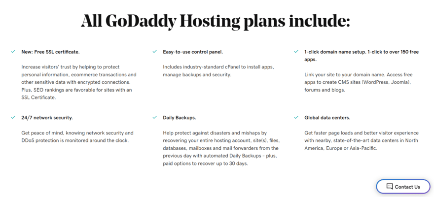 Feature summary page of what's included across all GoDaddy hosting plans